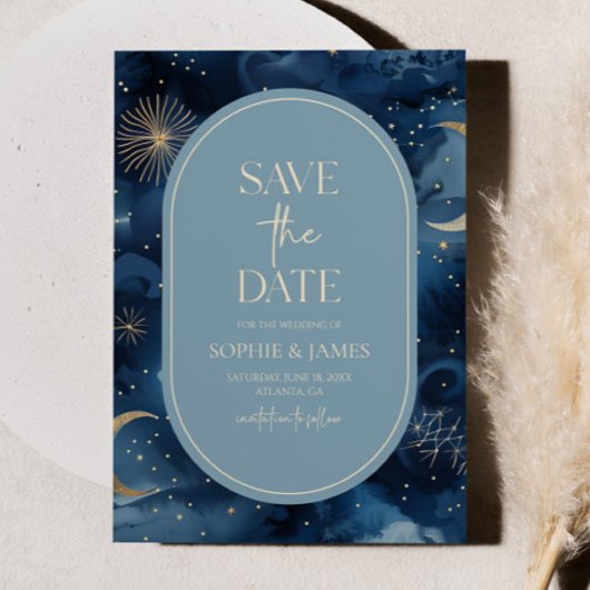 Save The Date Blue Gold Celestial Elegant Starry Sky Wedding