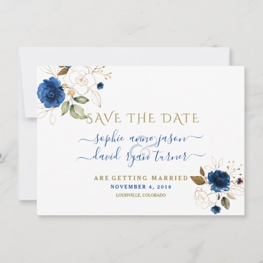 Save The Date Blue Gold Floral Calligraphie Mariage Enregistrer (Devant)