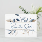 Save The Date Blue Gold Moderne Floral Élégant Enregistrer La Da (Debout devant)