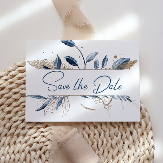 Save The Date Blue Gold Moderne Floral Élégant Enregistrer La Da