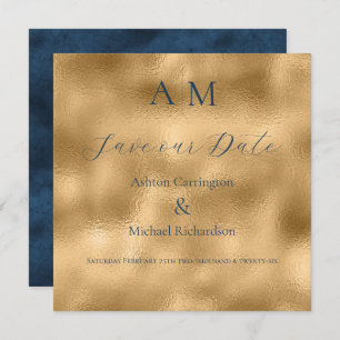 Save The Date Blue Gold Monogramme Mariage moderne