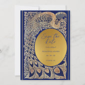 Save The Date Blue Gold Peacock Art nouveau Mariage (Devant)