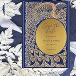 Save The Date Blue Gold Peacock Art nouveau Mariage<br><div class="desc">Dégustez vos invités avec cet élégant mariage Art nouveau Enregistrer la carte Date avec un paon doré complexe sur un arrière - plan bleu profond. Le texte est en bleu pour décaler l'arrière - plan or. La couleur or n'est pas du papier peint, mais un pigment riche de couleur or...</div>