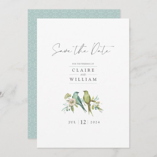 Save The Date Blue Green Birds Floral Aquarelle Mariage (Devant / Derrière)