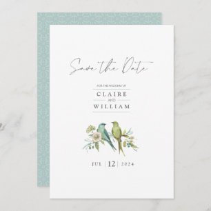 Save The Date Blue Green Birds Floral Aquarelle Mariage