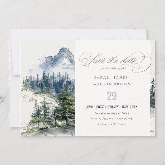 Save The Date Blue Green Woods Mountain Paysage Mariage de croqu (Devant)