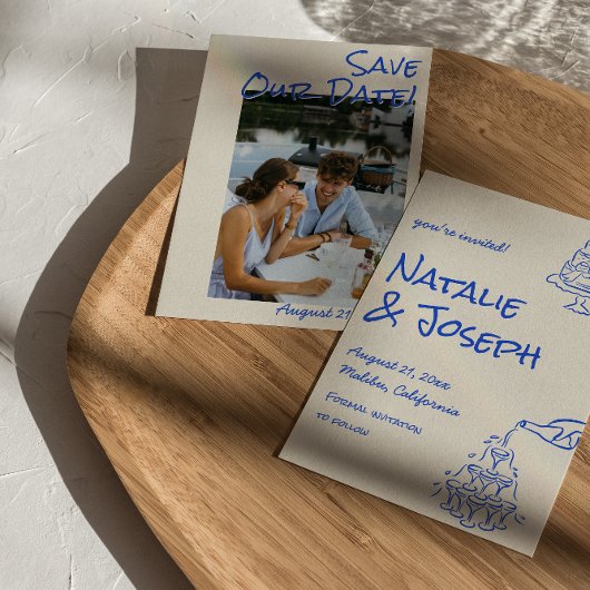 Save The Date Blue Hand Drawn Champagne Tower Cake Photo Wedding