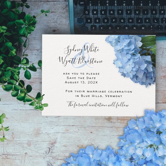 Save The Date Blue Heaven Hydrangea Floral Linen Enregistrer la