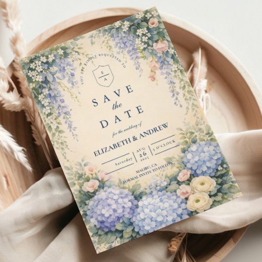 Save The Date Blue Hydrangea And Ivory Rose Wedding