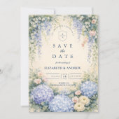 Save The Date Blue Hydrangea And Ivory Rose Wedding (Devant)