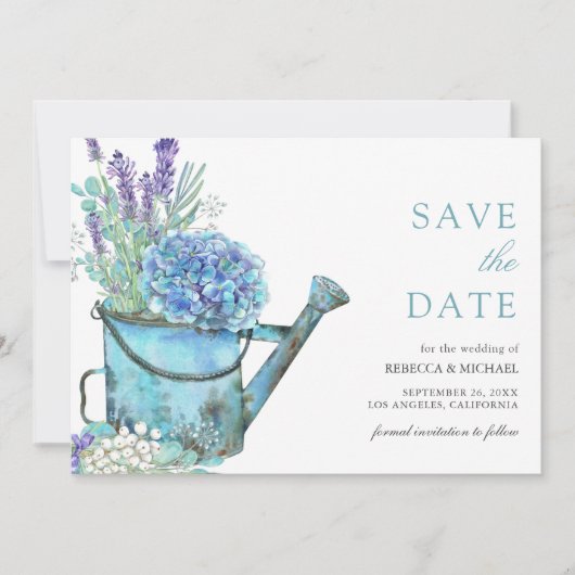 Save The Date Blue Hydrangea et Lavender Floral Mariage (Devant)