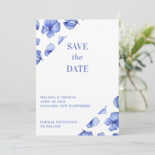 Save The Date Blue Hydrangea Petals Non Photo (Debout devant)