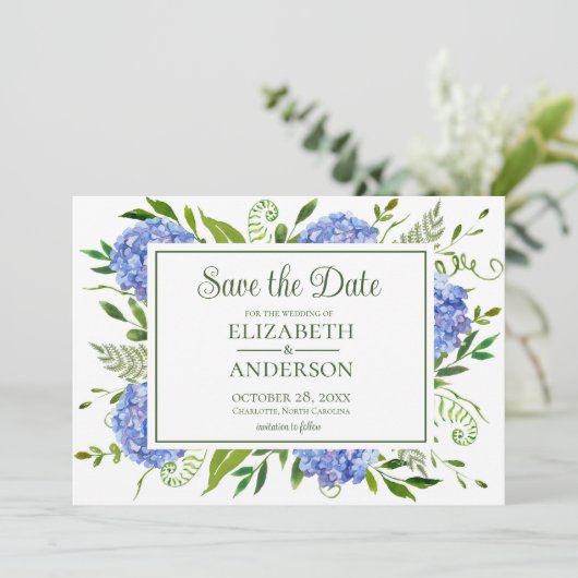 Save The Date Blue Hydrangeas Photo Enregistrer La Date (Debout devant)