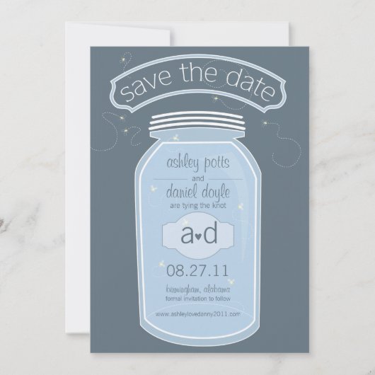 Save The Date Blue Mason Jar & Fireflies Enregistrer la date (Devant)