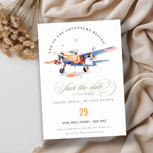 Save The Date Blue Orange Blush Aquarelle Air Plane Mariage