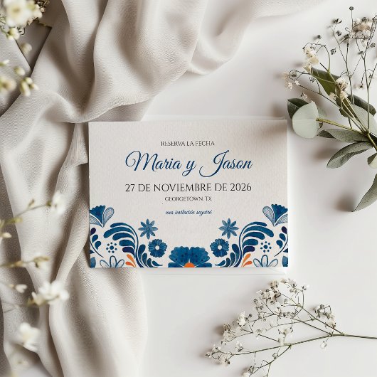 Save The Date Blue Orange Floral Elegant Fiesta Spanish Wedding