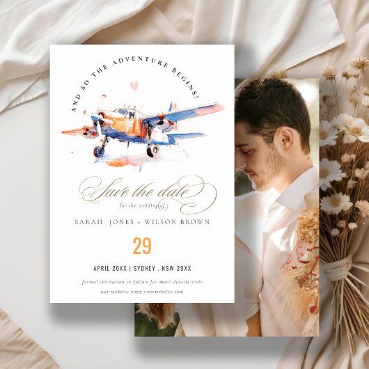 Save The Date Blue Orange Rose Aquarelle Avion Photo Mariage