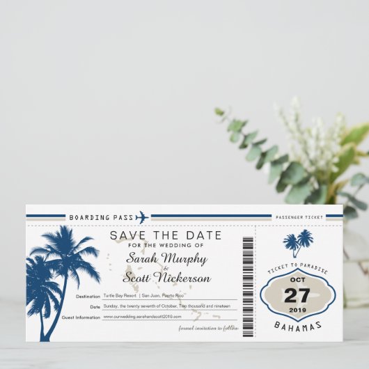 Save The Date Blue Palm Tree Boarding Pass Bahamas Enregistrer l (Debout devant)