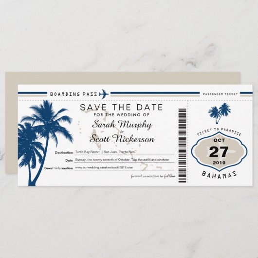Save The Date Blue Palm Tree Boarding Pass Bahamas Enregistrer l (Devant / Derrière)