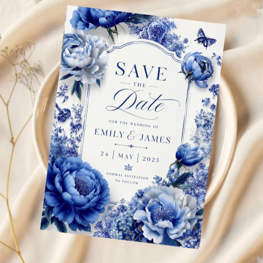 Save The Date Blue Peony Floral