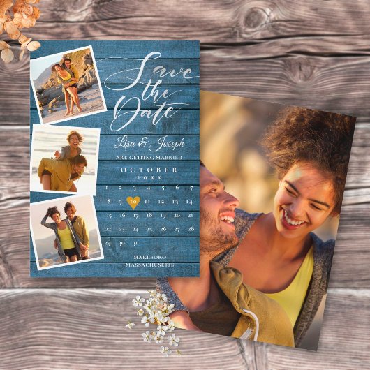 Save The Date Blue Rustic Wood Photo Collage Calendrier Mariage