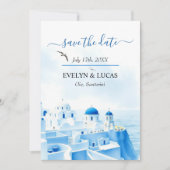 Save The Date Blue Santorini Grèce aquarelle photo mariage (Devant)