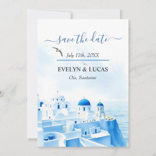 Save The Date Blue Santorini Grèce aquarelle photo mariage (Devant)