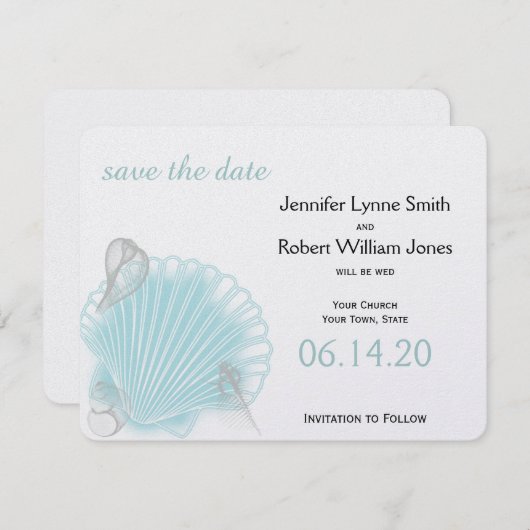 Save The Date Blue Seashell Beach Wedding Enregistrer la date (Devant / Derrière)