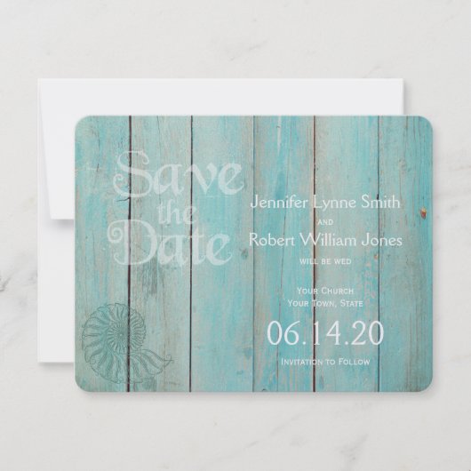 Save The Date Blue Seashell sur Wood Beach Mariage Enregistrer l (Devant)