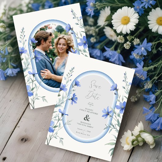 Save The Date Blue Shades Cherish Botanical Wildflowers Branches