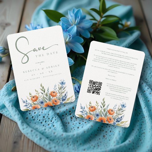 Save The Date Blue Shades Delicate Floral Bouquet Border Wedding