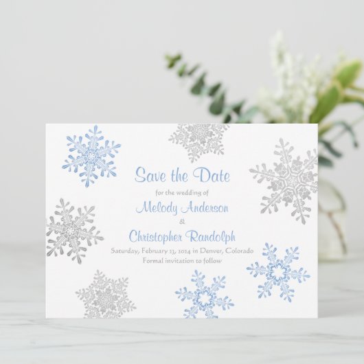 Save The Date Blue Silver Winter Snowflake Wedding Enregistrer l (Debout devant)