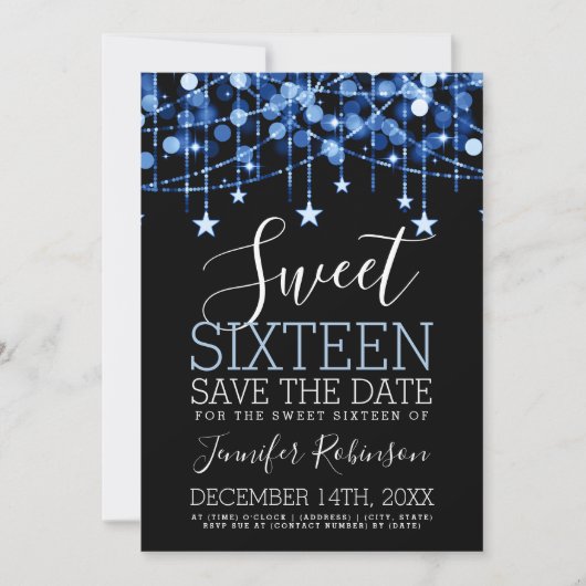 Save The Date Blue Sweet 16 Éclairages à cordes étincelantes Dat (Devant)