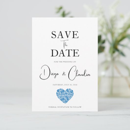 Save The Date Blue Talavera Coeur Mariage Enregistrer La Date (Debout devant)
