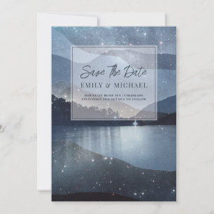 Save The Date Blue Watercolor Mountain Lake Forest Stars