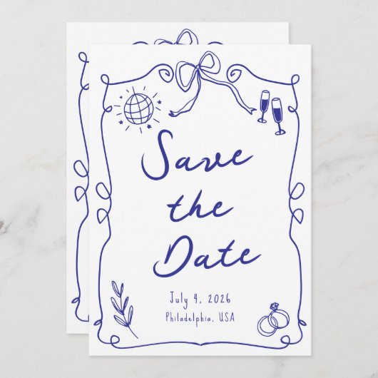 Save The Date Blue Whimsical Fun Quirky Main dessiné Mariage (Devant / Derrière)