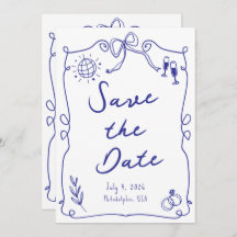 Blue Whimsical Fun Quirky Main dessiné Mariage