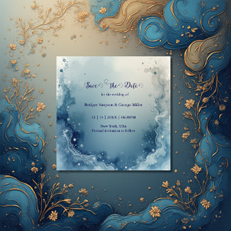 Save The Date blue white Dreamy coastal marble ink wedding