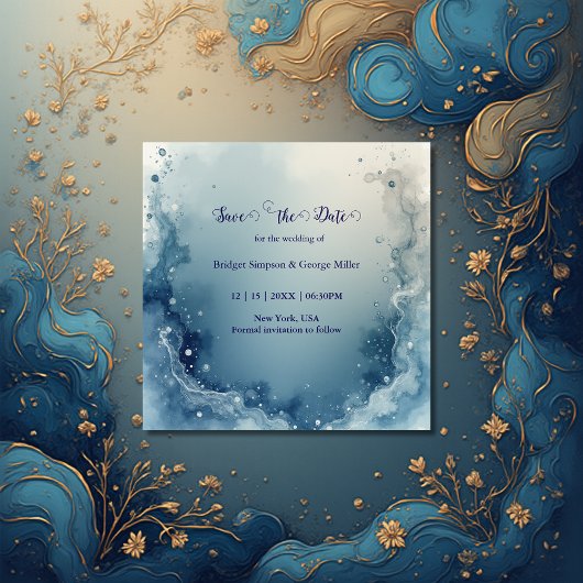 Save The Date blue white Dreamy coastal marble ink wedding