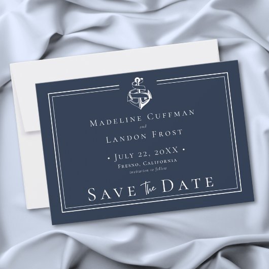 Save The Date Blue White Minimal Nautical Anchor Coastal Wedding