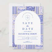 Save The Date Blue White Patchwork Toile Wedding (Devant)