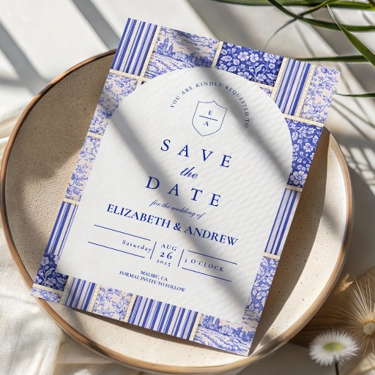 Save The Date Blue White Patchwork Toile Wedding
