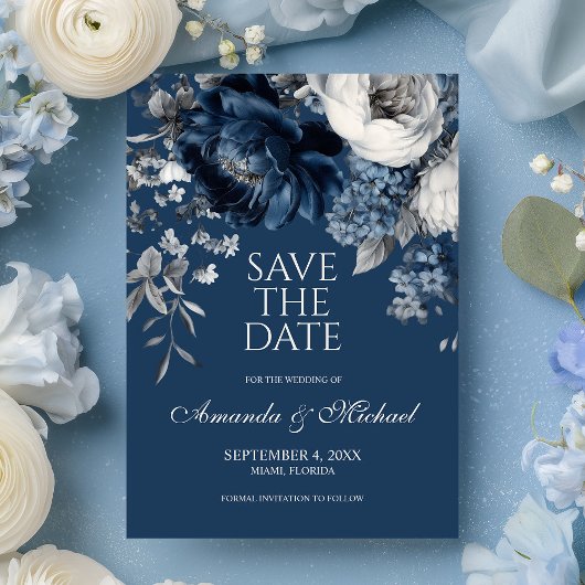 Save The Date Blues modernes et Mariage floral gris