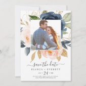 Save The Date Blush and Navy Flowers White Photo Enregistrer la  (Devant)