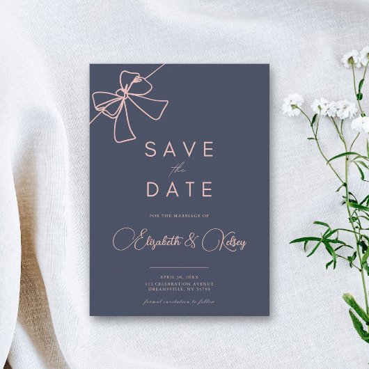 Save The Date Blush Bow Elégance Chic Ardoise Bleu enregistrer l