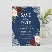 Save The Date Blush Burgundy Floral Navy Blue Lace Mariage (Debout devant)