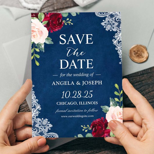 Save The Date Blush Burgundy Floral Navy Blue Lace Mariage
