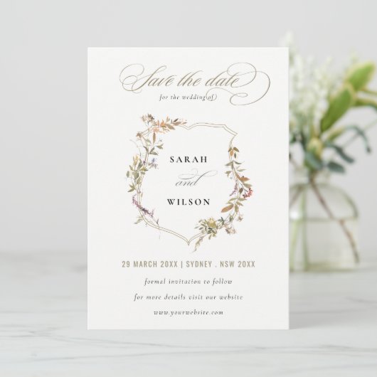 Save The Date Blush Fleur Sauvage Crête Mariage Rose Pâle Élégan (Debout devant)