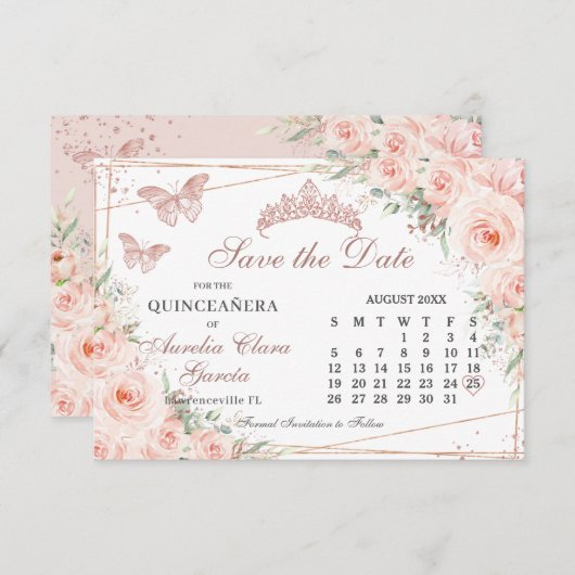 Save The Date Blush Floral Rose Quinceanera Sweet 16 Calendrier (Devant / Derrière)