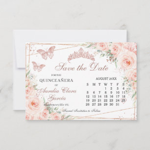 Save The Date Blush Floral Rose Quinceanera Sweet 16 Calendrier